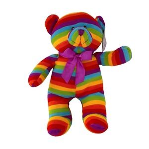 Sugar Loaf Toys 12" Rainbow Striped Teddy Bear Purple Bow Plush Eco-Friendly